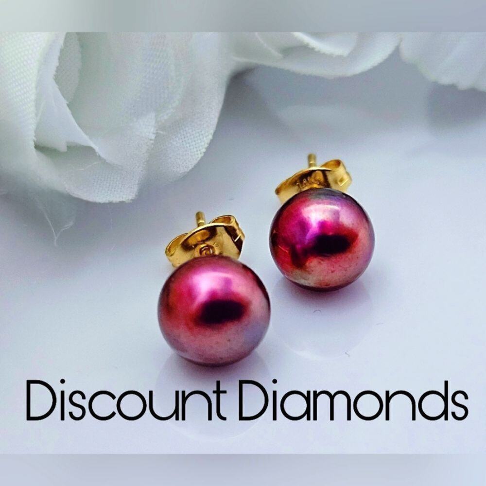 Natural Rose South Sea Pearl Stud (Post) Earrings 8/9 mm Solid 14K Yellow Gold - Picture 4 of 8